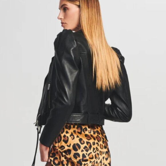 NWT Retrofête Tai Leather Jacket Black/Silver Puff Sleeve XS - Picture 3 of 13
